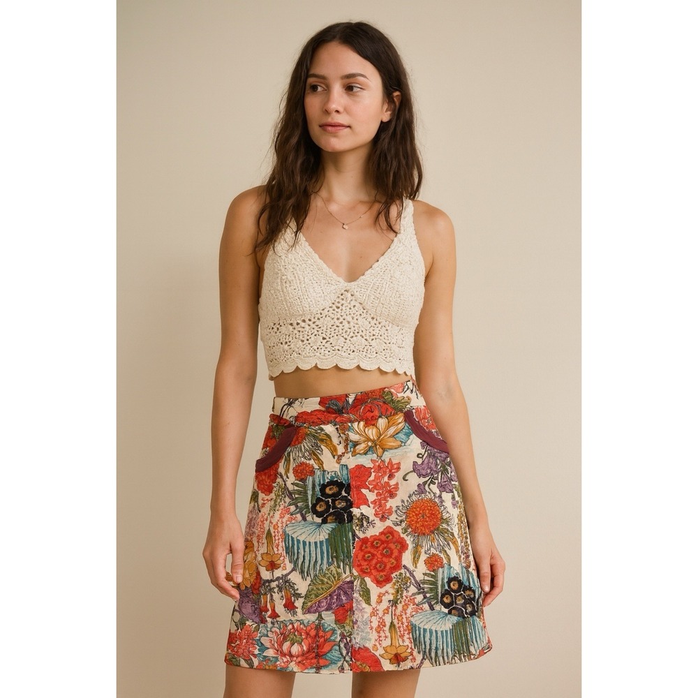 Apsara Floral A-Line Skirt w/ Pockets Bold Botanical Print Boho Festival Large